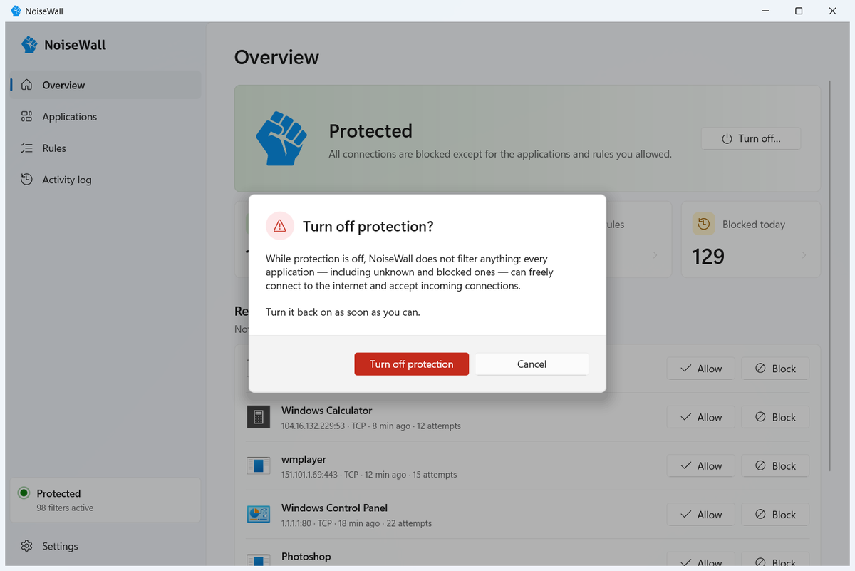 Confirmation for turning off protection