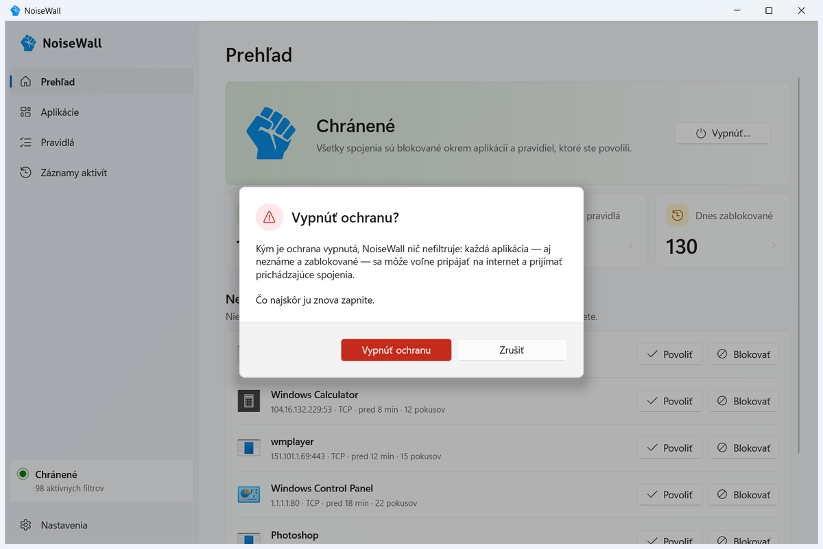 Potvrdenie vypnutia ochrany