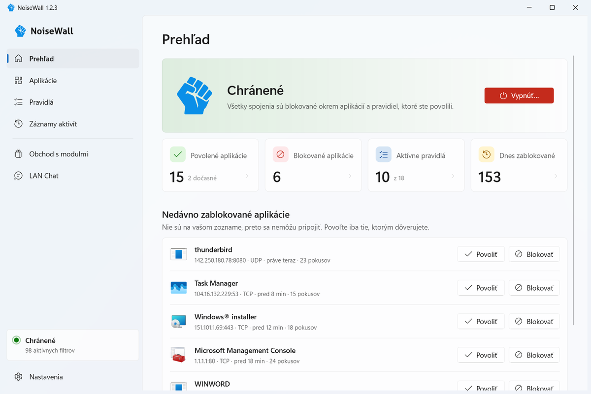 Prehľad – hlavné okno NoiseWall