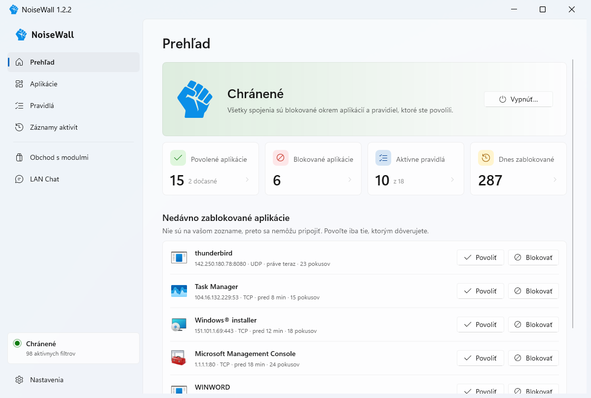 Okno NoiseWall – Prehľad